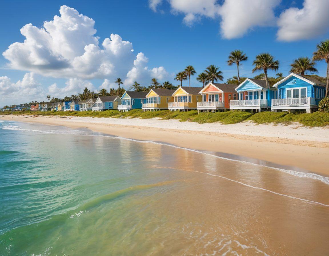 A picturesque beach scene showcasing a variety of stunning seaside properties, including modern beach houses, colorful beach bungalows, and luxurious oceanfront condos. The foreground features golden sands with playful waves, while the background displays a bright blue sky with fluffy white clouds. Incorporate elements like palm trees, beach umbrellas, and people enjoying beach activities to create a vibrant atmosphere. super-realistic. vibrant colors. sunny day.