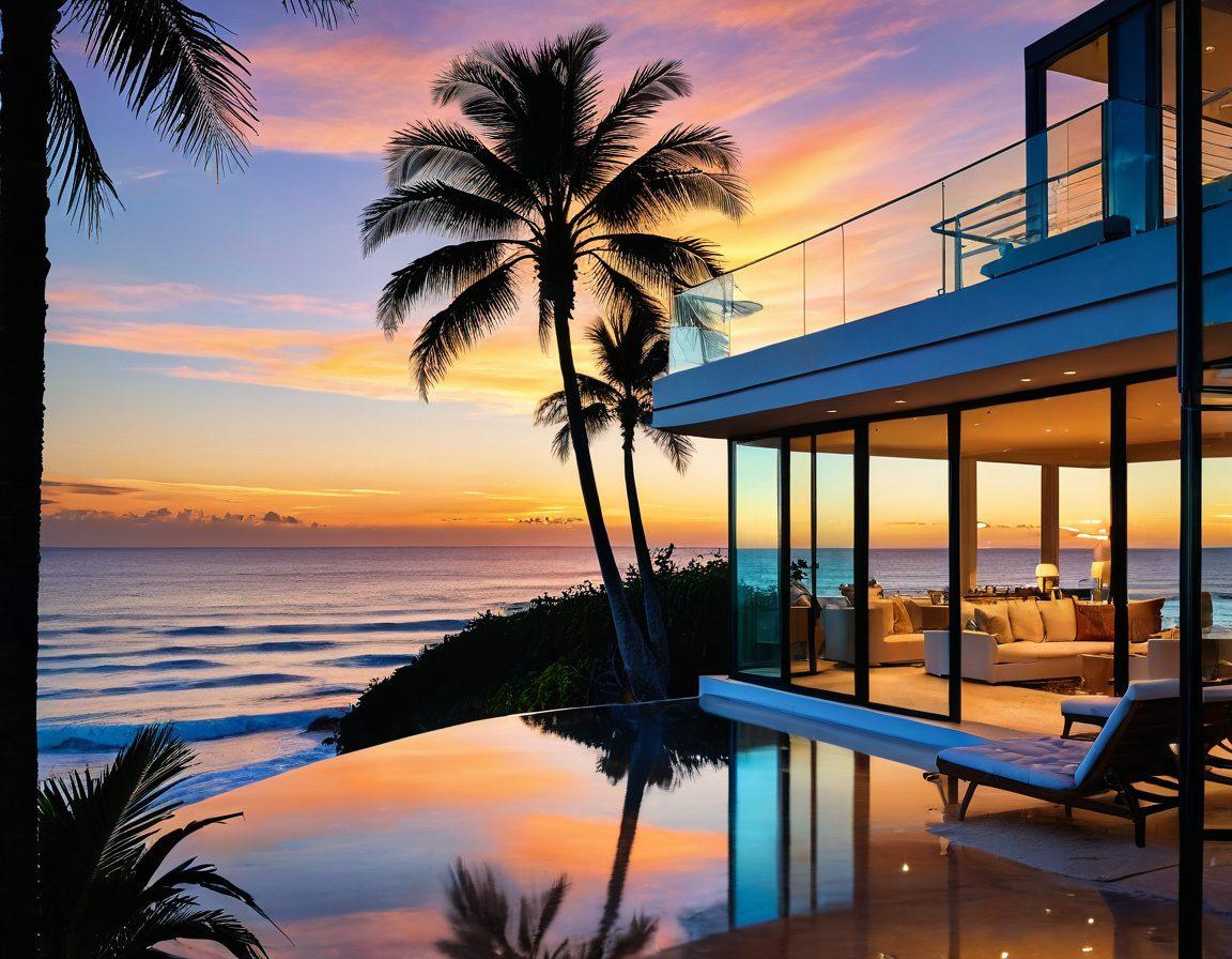 A breathtaking view of a luxurious oceanfront home with a bright blue sky, surrounded by palm trees and golden sandy beaches. The house is elegantly designed with large glass windows, reflecting the vibrant ocean waves. In the foreground, a couple is exploring vacation rental options on a tablet, showcasing the journey from rentals to ownership. A soft sunset casts warm tones over the scene. super-realistic. vibrant colors. serene atmosphere.